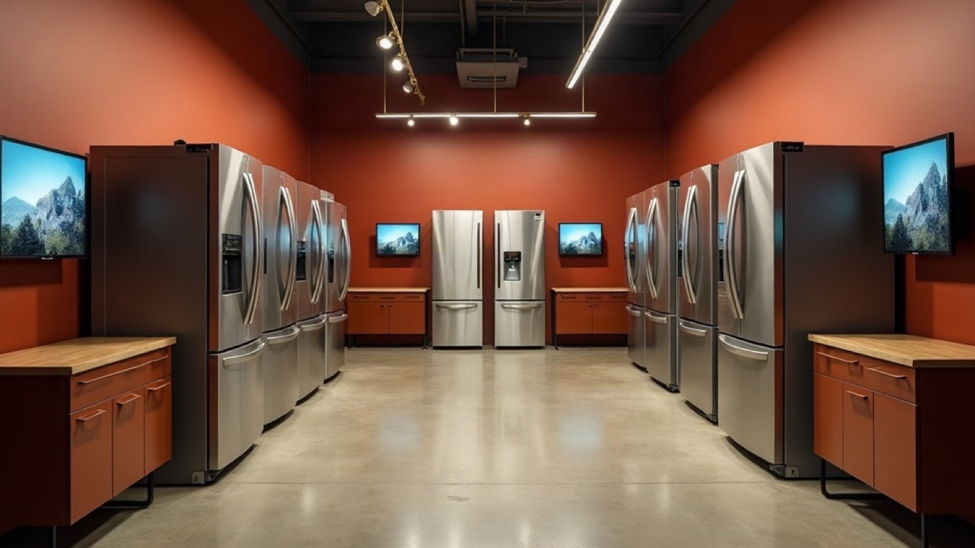 Household appliance salon with refrigerators, washers, and televisions