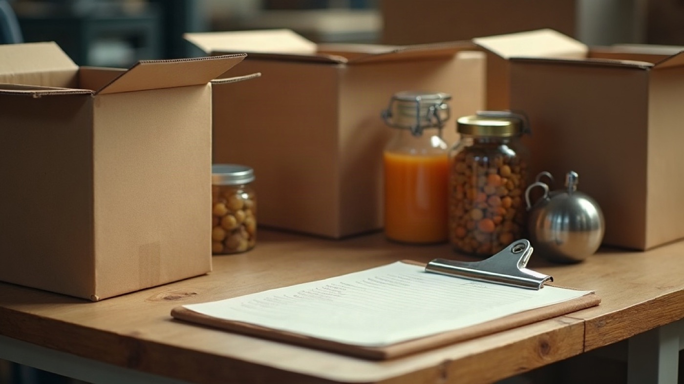 Mail-order packing table with open cartons, kraft paper, and goods waiting to be boxed